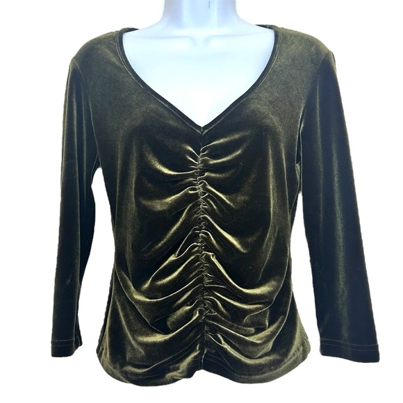 XOXO Vtg 90s Y2K Velvet Ruched Olive Green Top M Whimsigoth Witchy Fairy Grunge - Picture 1 of 9